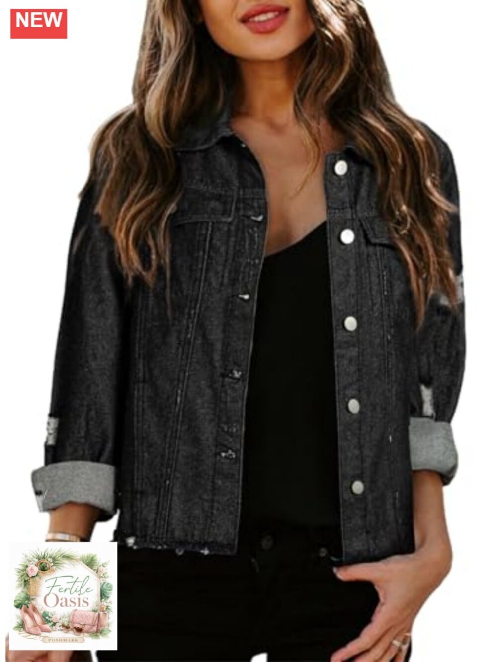 Women's Distressed Denim Jacket Long Sleeve Button Utility Pockets